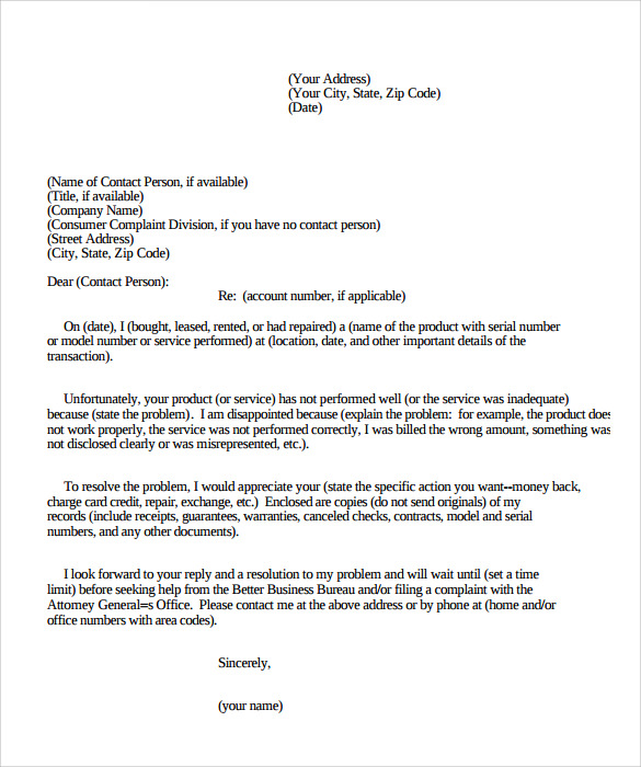 sample consumer complaint letter