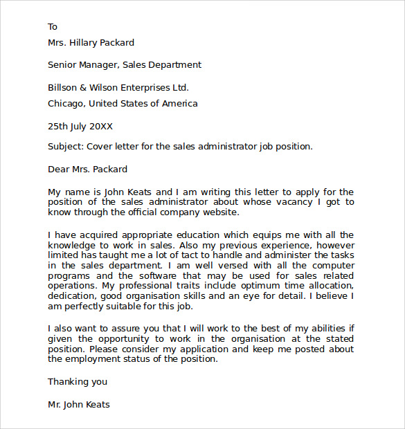 application letter for sales administrator