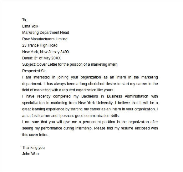 cover letter intern marketing