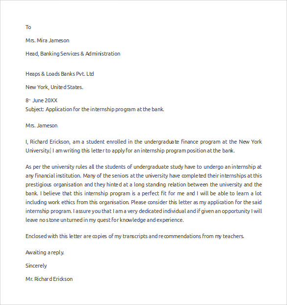 example of application letter for internship