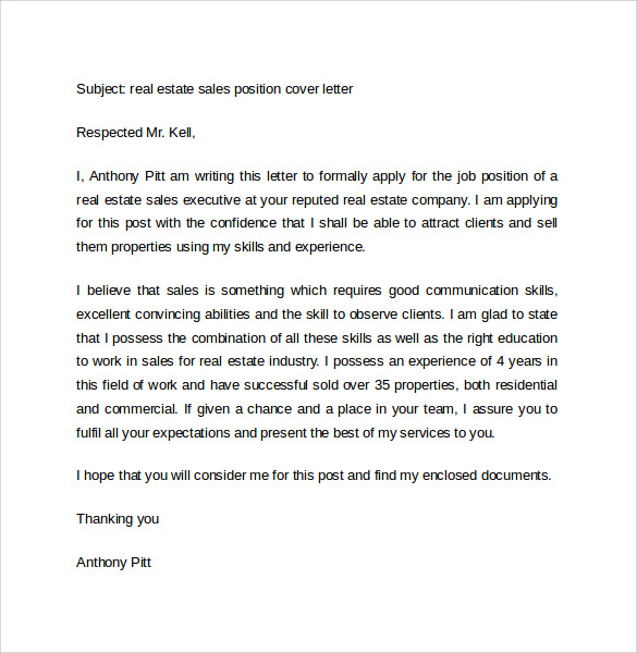 cover letter for real estate sales associate