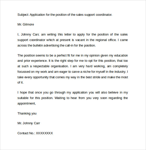 application letter for sales coordinator job