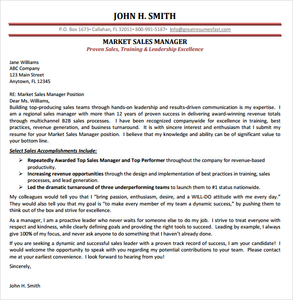 Cover letter in sales and marketing