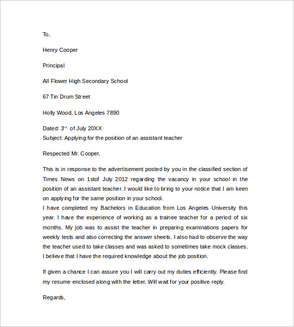 teaching assistant cover letter