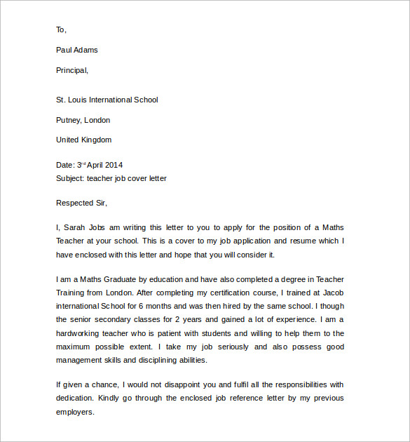 job application cover letter for teacher