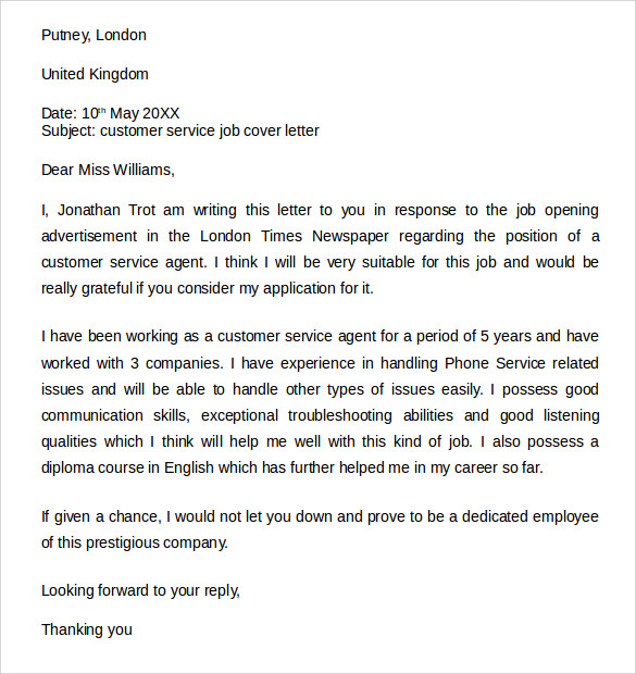 customer service cover letter simple