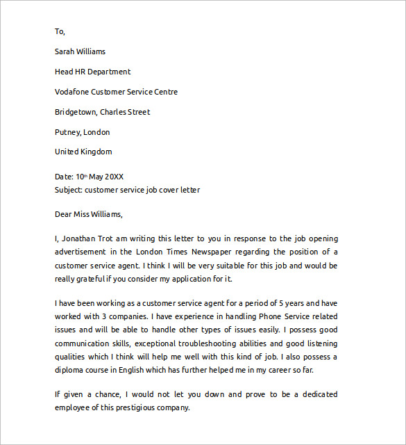 Sample cover letter customer service position