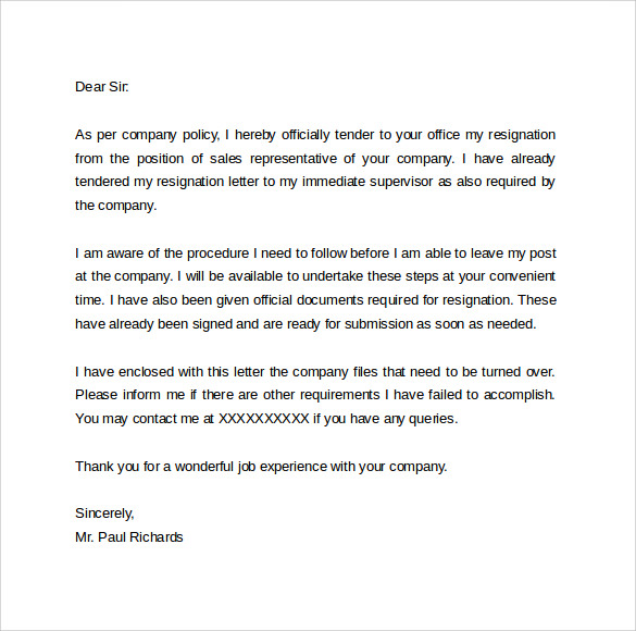 resignation letter hr1