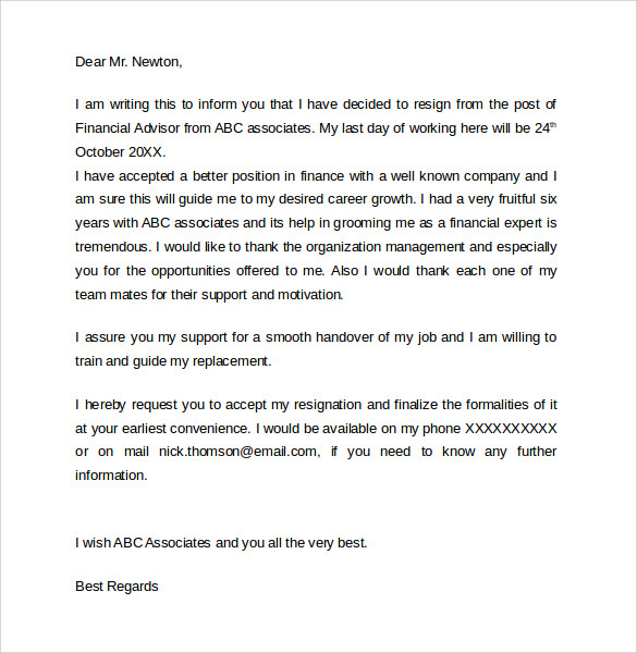 financial advisor resignation letter
