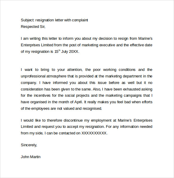 resignation letter with complaint