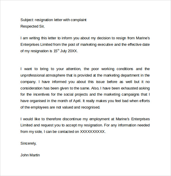 resign i template letter Sample to Letter Download 15 Format  Resignation Example