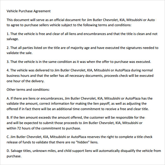 sample vehicle purchase agreement printable