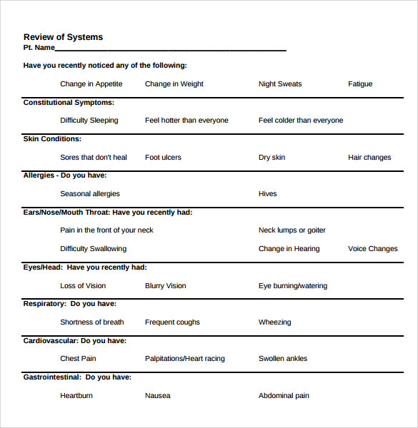 FREE 5  Review of Systems Samples in PDF MS Word