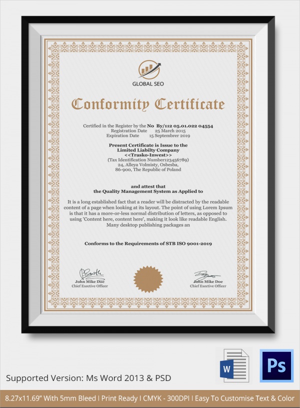 manufacture conformance certificate