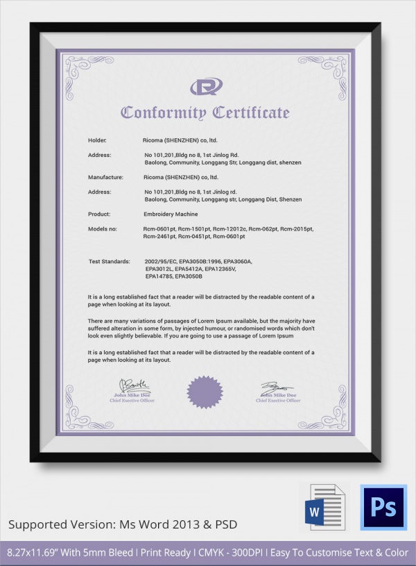 simple conformance certificate template