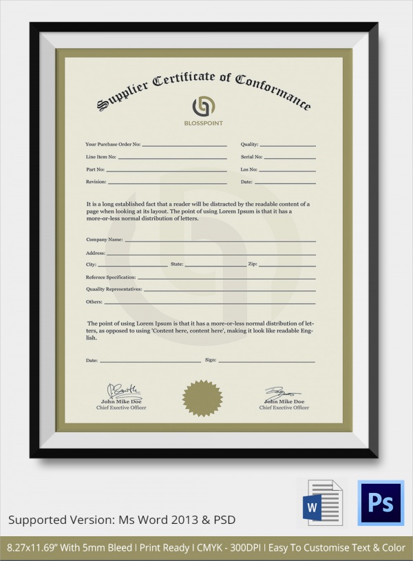 supplier conformance certificate template