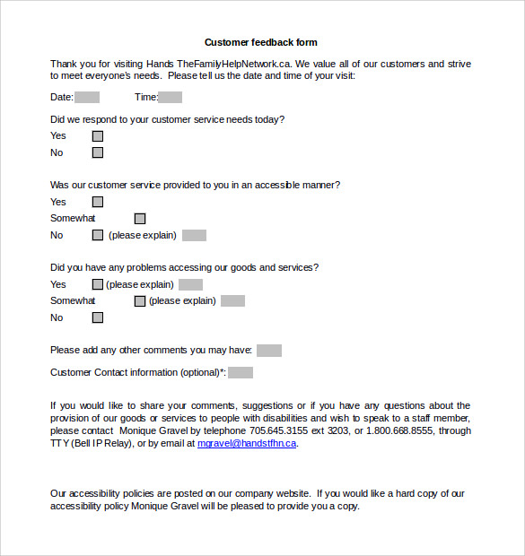 customer feedback form in word format