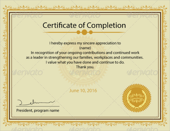 sample certificate of completion template