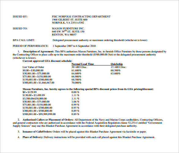 10 Blanket Purchase Agreements -Samples , Examples 