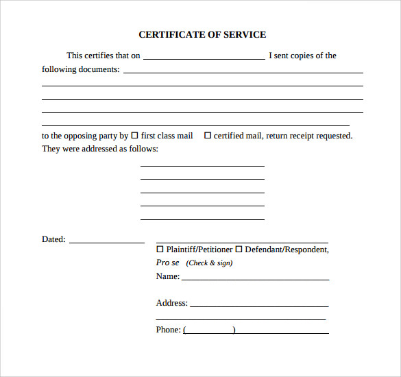 certificate of service sample