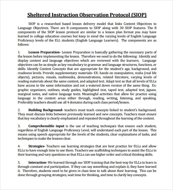 FREE 9 SIOP Lesson Plan Templates In PDF MS Word
