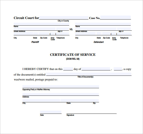 Sample Certificate Of Service Form 6025