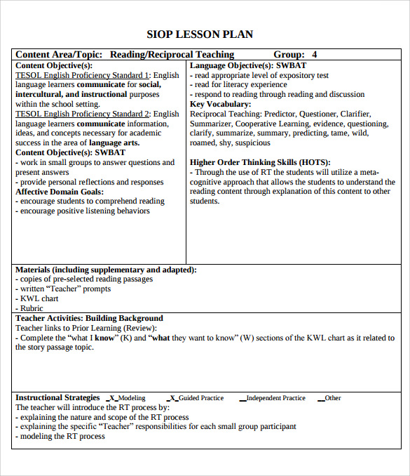 sample siop lesson plan example pdf