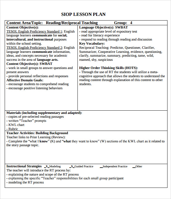 9+ SIOP Lesson Plan Templates | Sample Templates