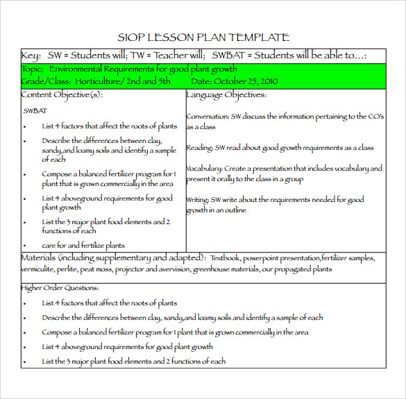 sample siop lesson plan template format pdf