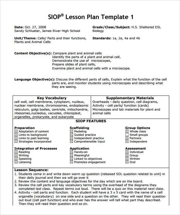 9 SIOP Lesson Plan Templates Sample Templates