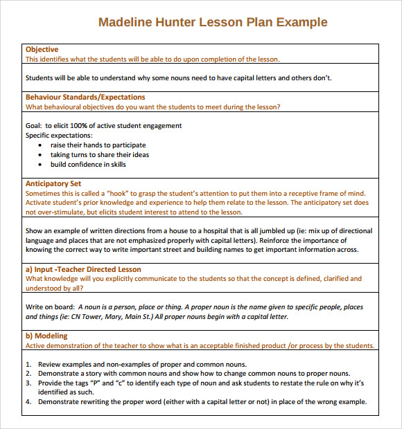 sample madeline hunter lesson plan example