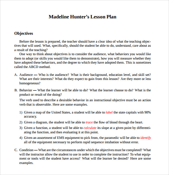 sample madeline hunter lesson plan free