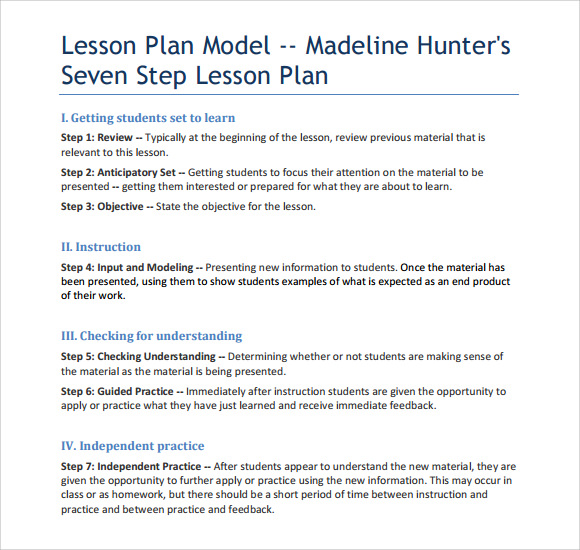 sample madeline hunter lesson plan free pdf