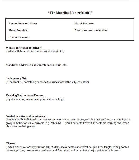 FREE 14 Sample Madeline Hunter Lesson Plan Templates In PDF MS Word