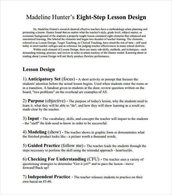 sample madeline hunter lesson plan download