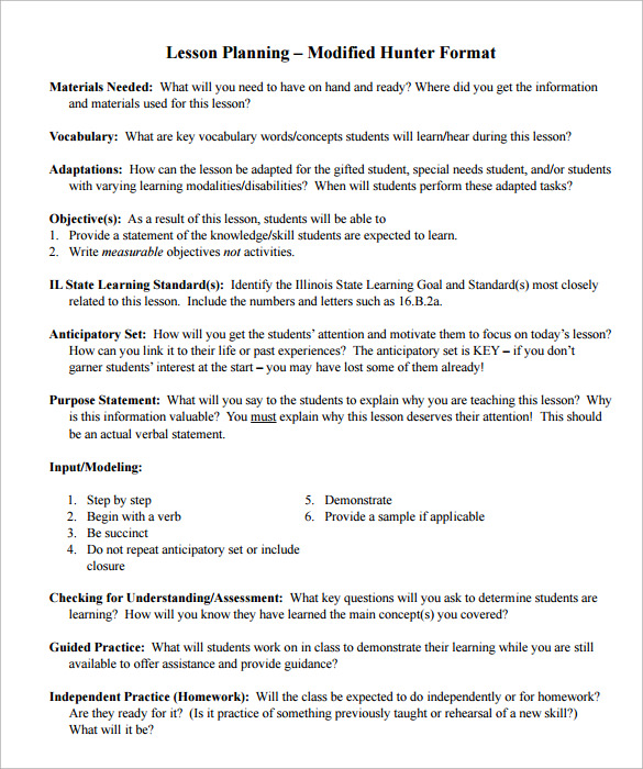 Sample Madeline Hunter Lesson Plan Printable