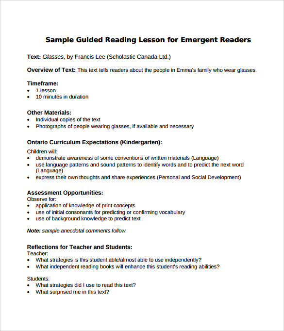 Sample Lesson Plan For Kindergarten Reading