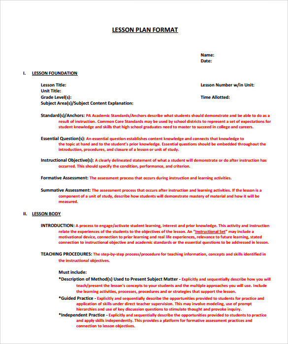 sample printable lesson plan template pdf