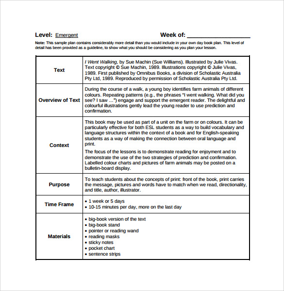 weekly lesson plan for reading kindergarten 