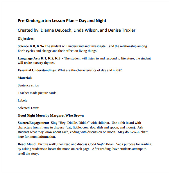 FREE 14 Sample Kindergarten Lesson Plan Templates In PDF MS Word