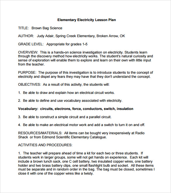 elementary electricity lesson plan