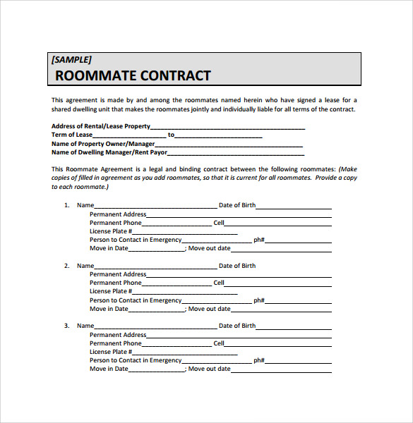 sample roommate contract