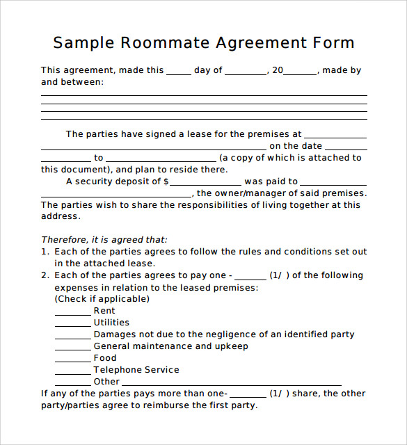 agreement letter form Template Sample , PDF Word 13   in Roommate Free   Documents Agreement