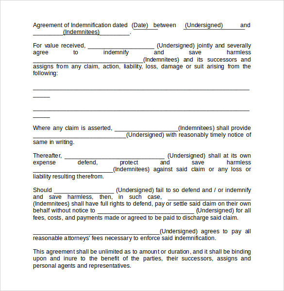 13 Sample Indemnity Agreement Templates Sample Templates 6272