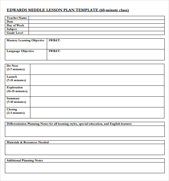 sample lesson plan template for middle school