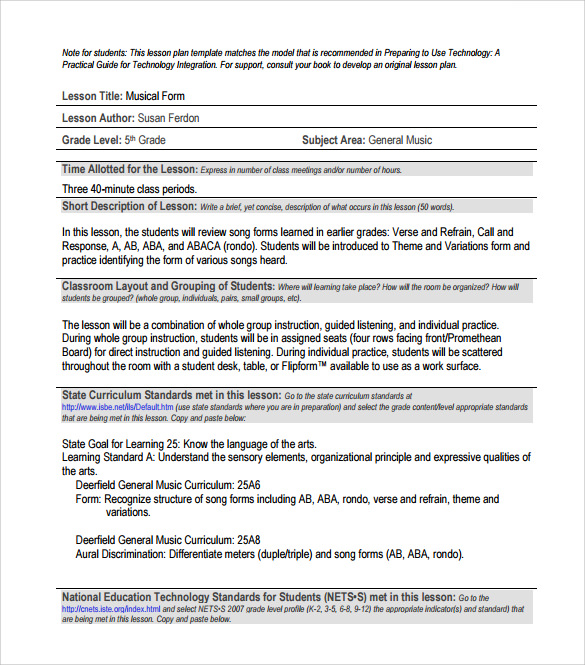 sample music lesson plan template pdf