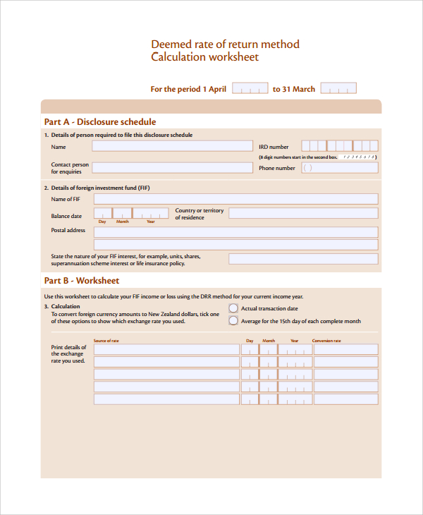 deemed rate of return method calculation worksheet