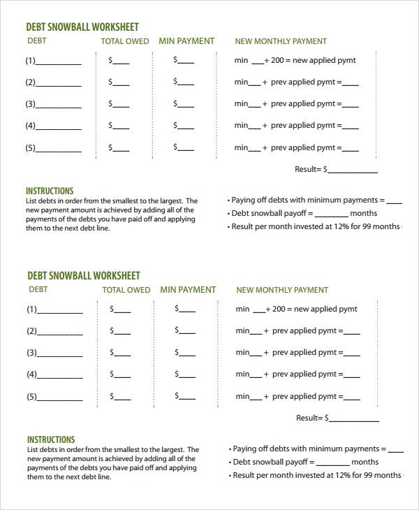 debt snowball payment worksheet