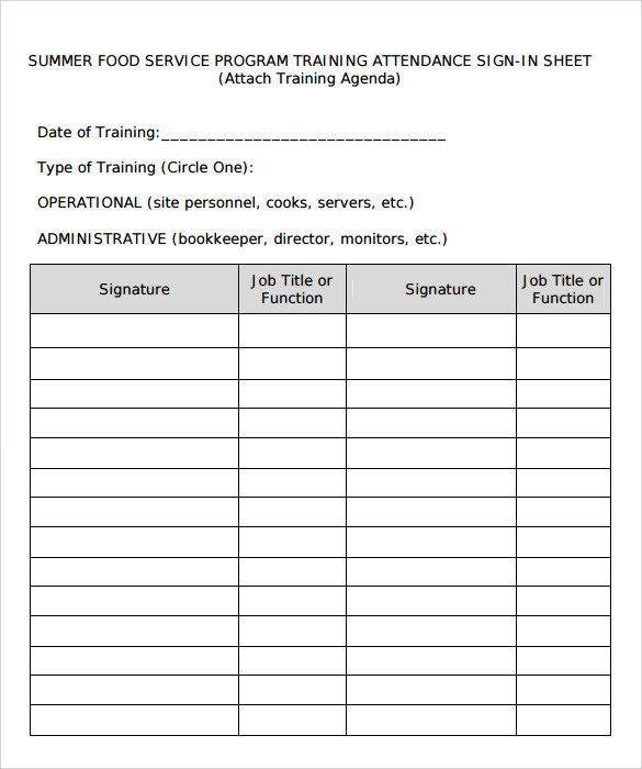 bkank sample training sign in sheet