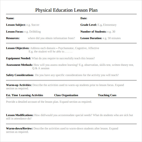 sample pdf physical education lesson plan template